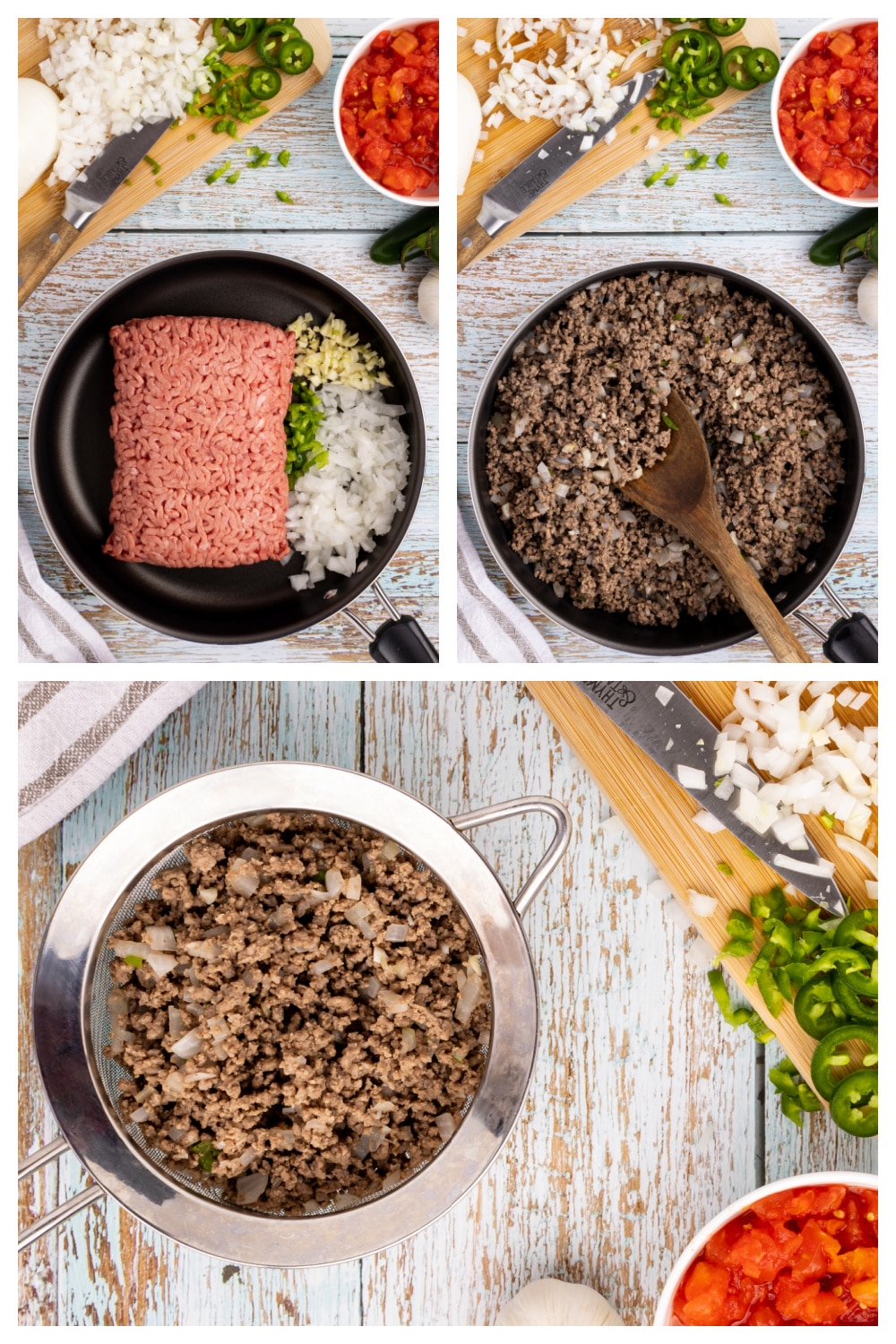 step by step collage of browning the ground beef