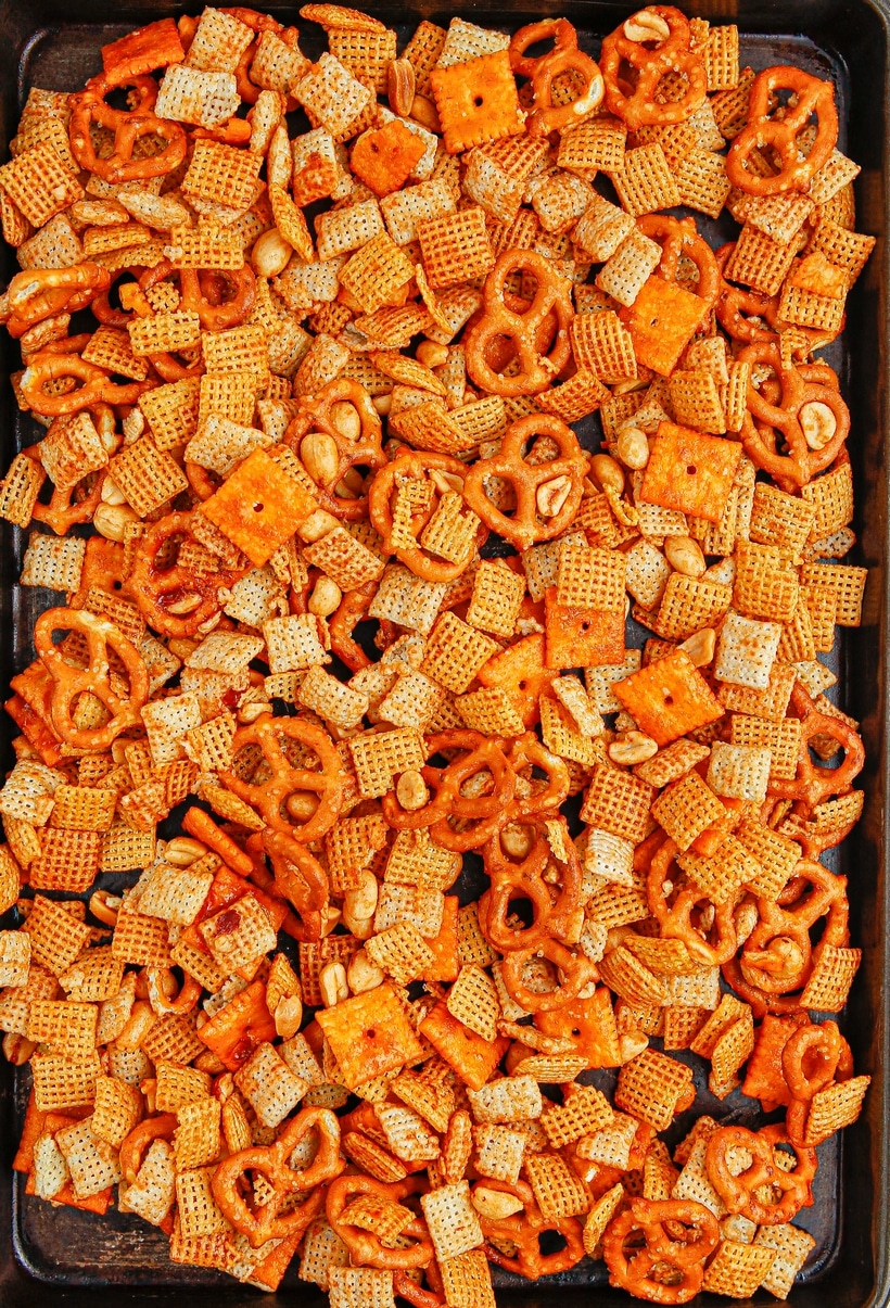Baked BBQ Chex Mix Golden brown BBQ Chex mix after baking.