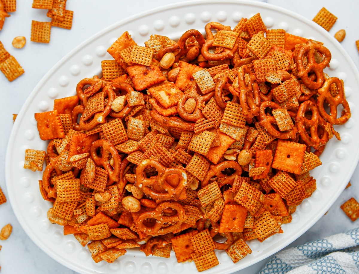 Overhead view of BBQ Chex mix in a bowl. Overhead shot of BBQ Chex mix in a bowl, showcasing its crunchy texture.