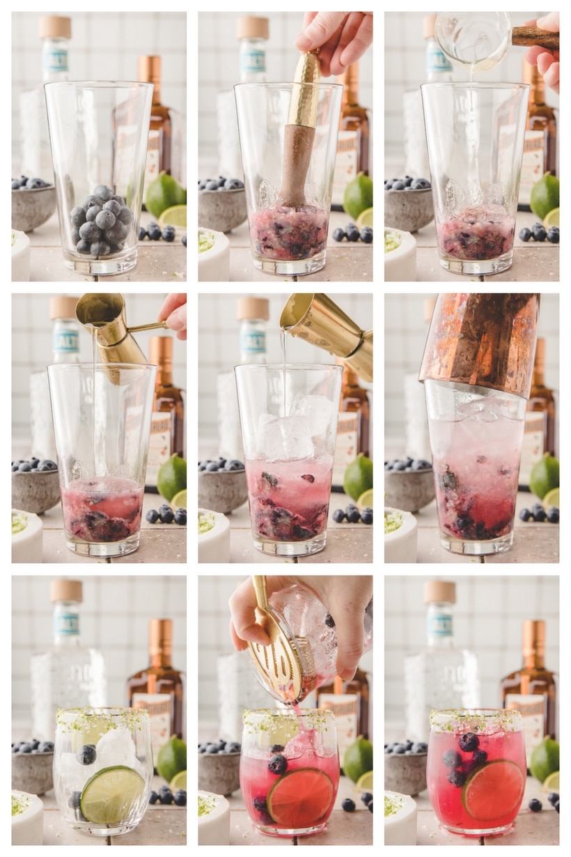 How to Make a Blueberry Margarita A visual collage of the blueberry margarita process from prepping the rim to the final pour.