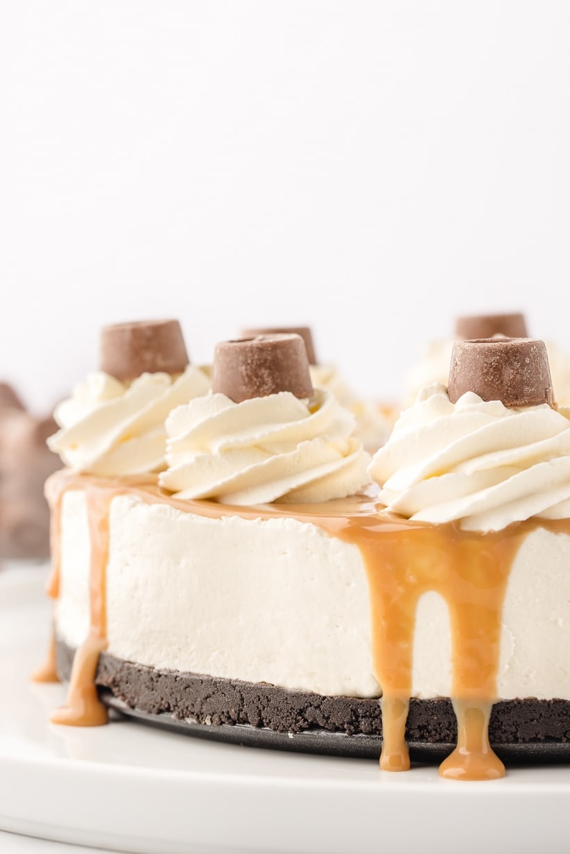 Close-up of Rolo No-Bake Cheesecake Close-up shot of the Rolo No-Bake Cheesecake highlighting the texture and layers.