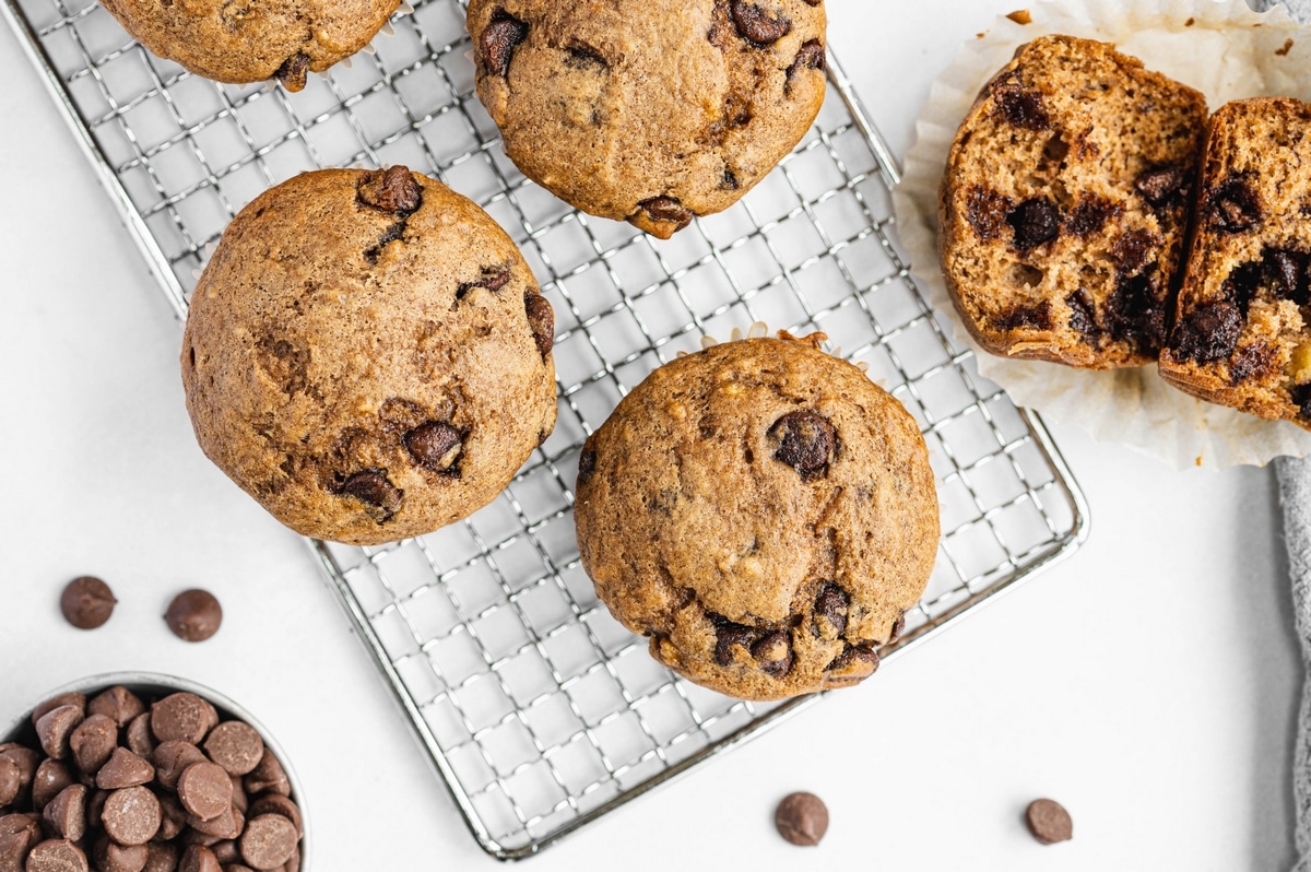 an overhead of Chocolate Chip Banana Muffins