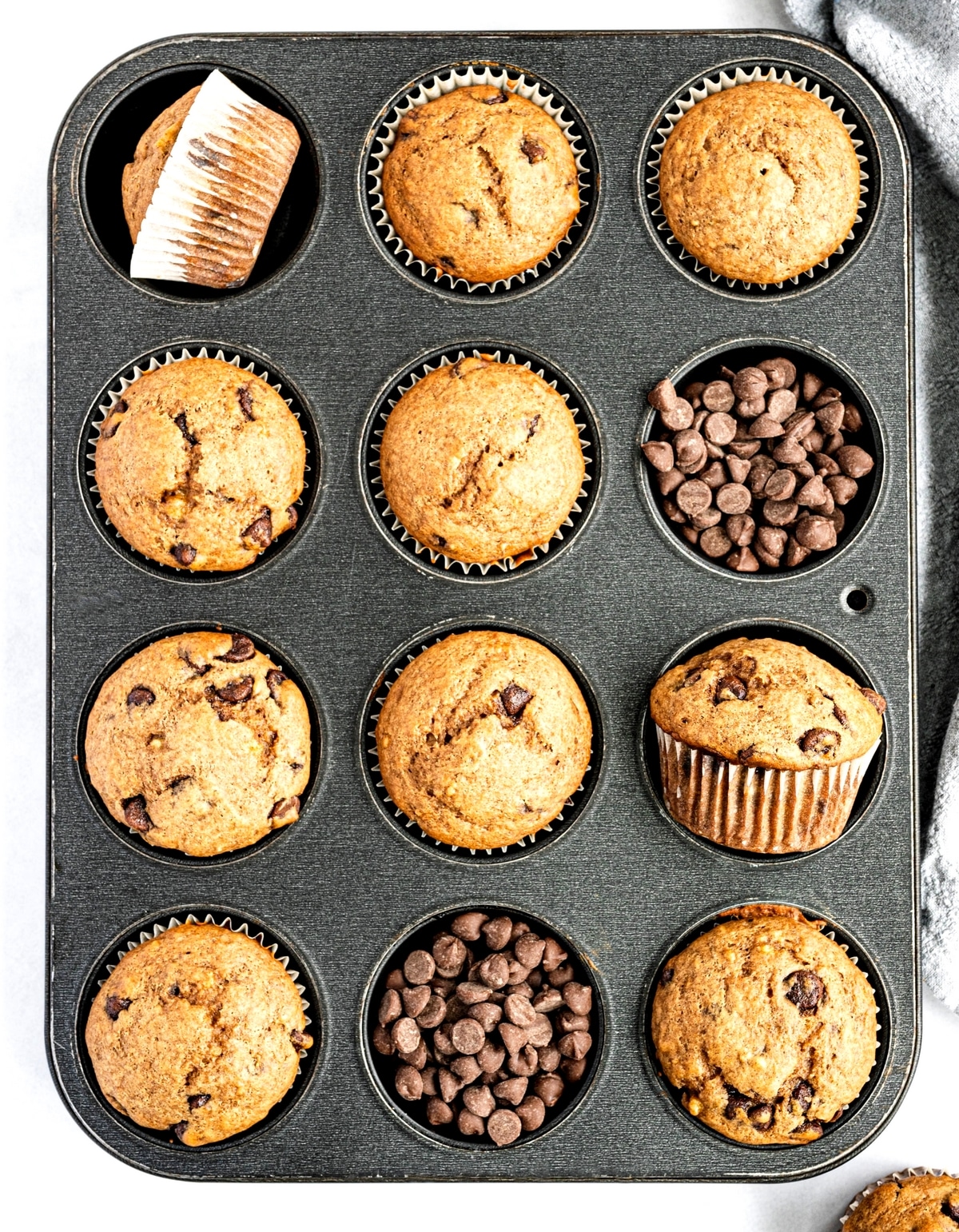 Chocolate Chip Banana Muffins in a muffin tin