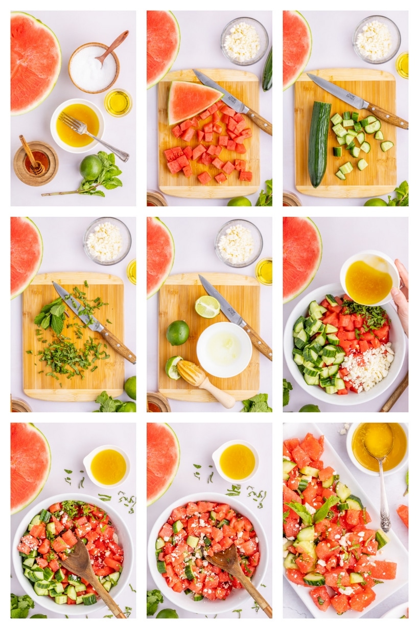 How to make watermelon feta mint salad with dressing and fresh mint Step-by-step collage showing how to make watermelon feta mint salad