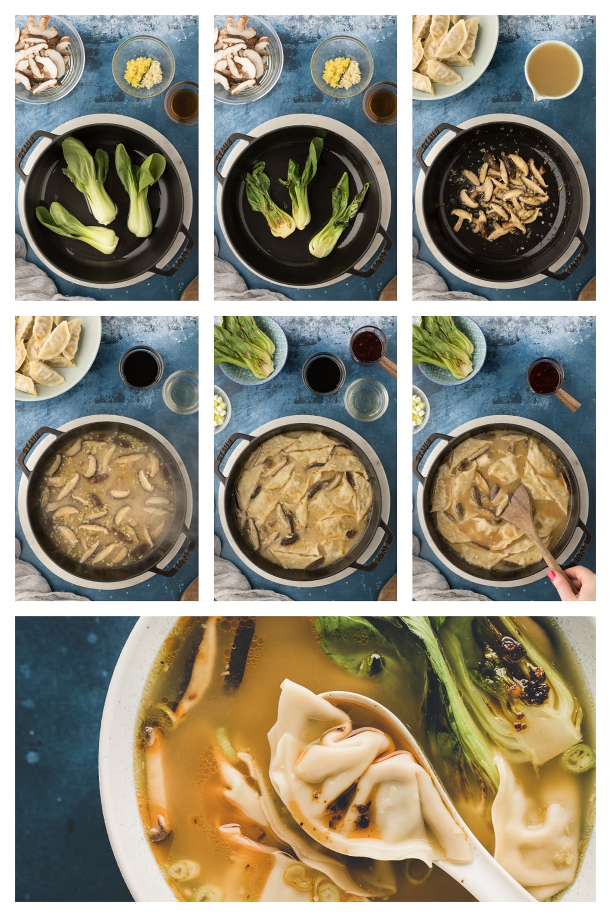 Step-by-Step Process for Making Easy Wonton Soup Step-by-step collage showing how to make wonton soup: heating sesame oil, searing bok choy, cooking garlic, ginger, and mushrooms, adding broth and wontons, and garnishing bowls with scallions, sesame seeds, and chili oil.
