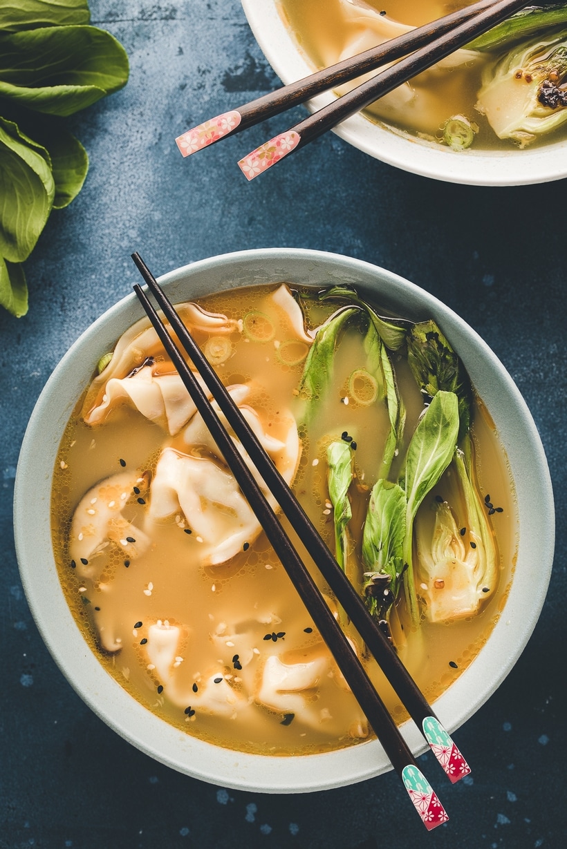 Wonton soup in a bowl. over head view of wonton soup recipe