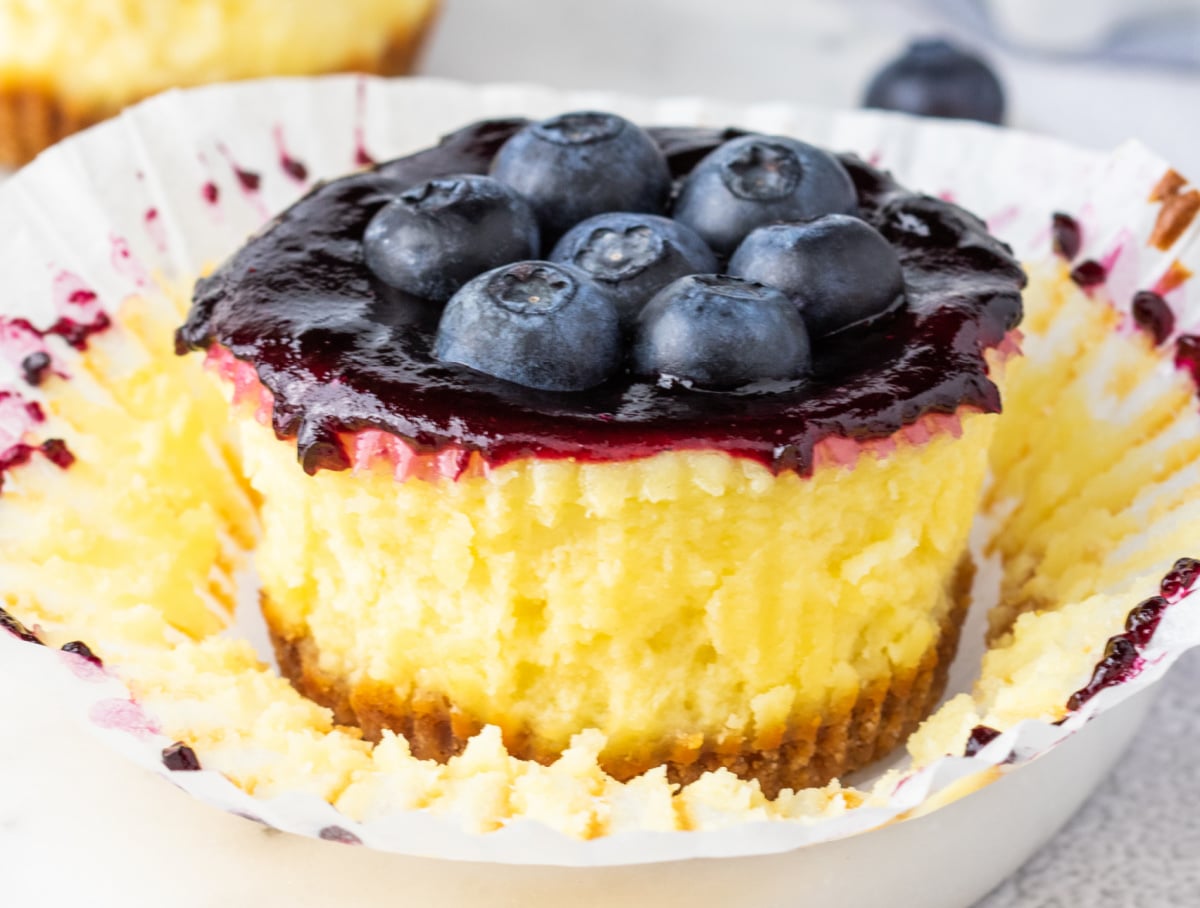 Close-up of one mini blueberry cheesecake with the paper liner opened