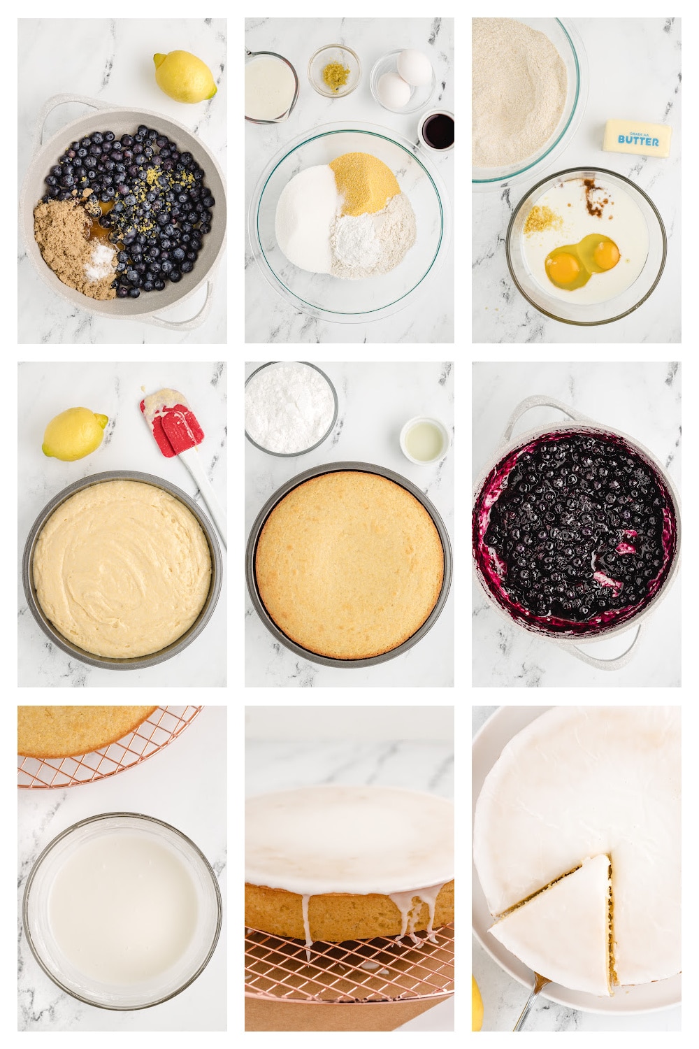 How to make Lemon Cornmeal Cake Step-by-step collage showing how to make the lemon cornmeal cake, from mixing to glazing.