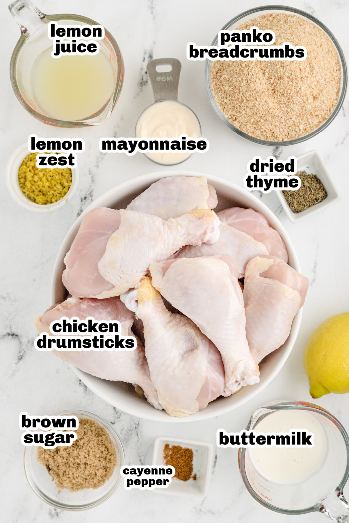 How to Make Lemonade Chicken Drumsticks ingredients for lemonade chicken drumsticks including chicken drumsticks lemon juice panko breadcrumbs and buttermilk