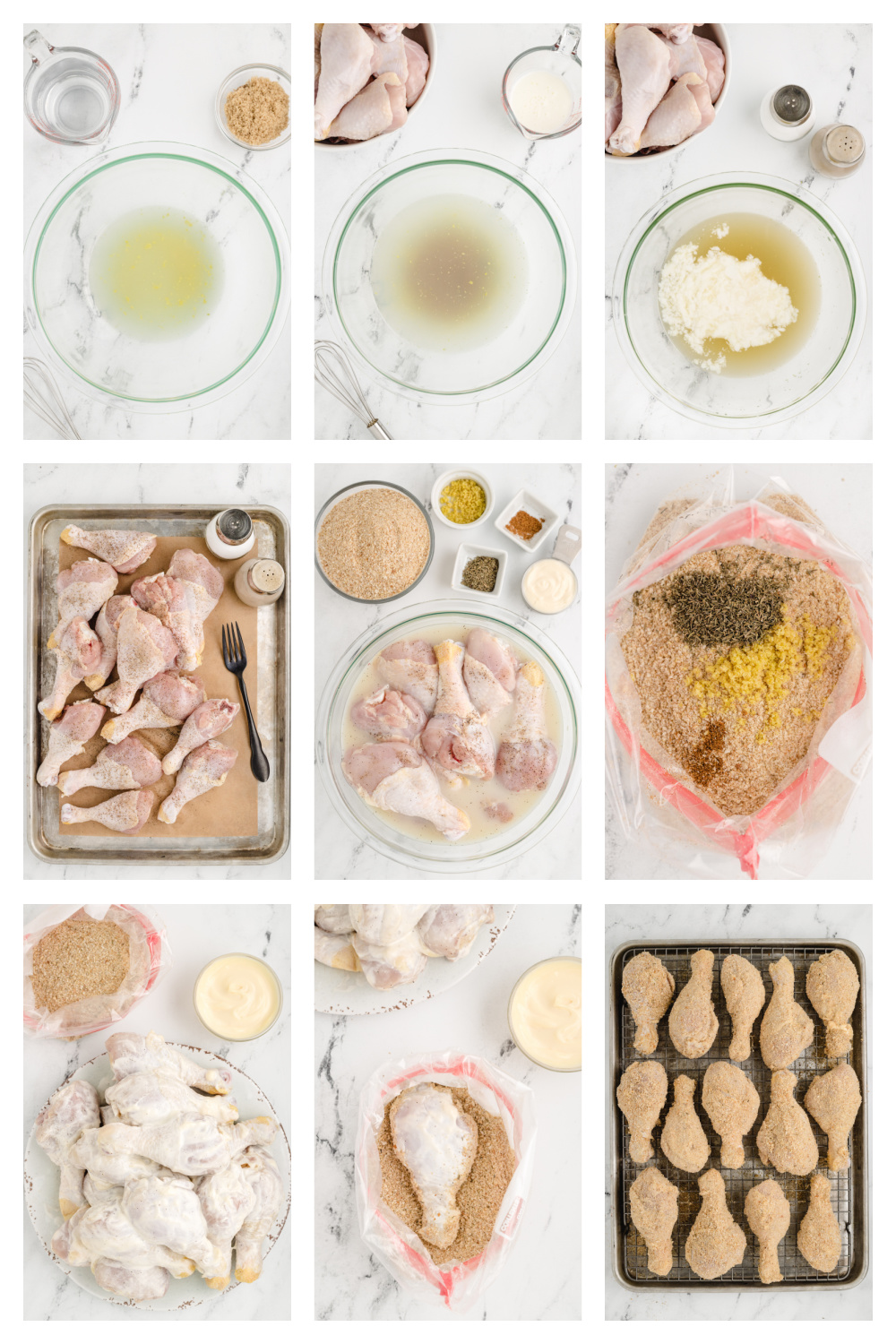 How to Make Lemonade Chicken Drumsticks step by step process showing how to make lemonade chicken drumsticks from marinade to coating and baking
