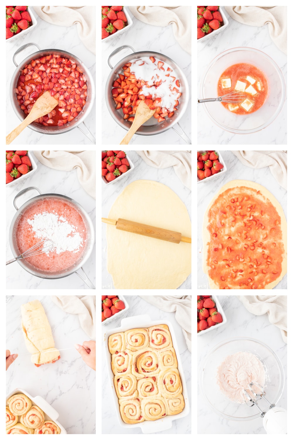 how to make Strawberry Sweet Rolls Collage of process photos showing key steps like making the filling, mixing dough, rolling, and assembling the rolls.