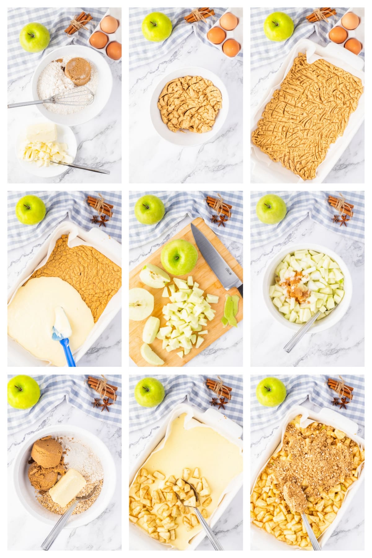 Step-by-step collage showing how to make apple cheesecake bars with crust, cheesecake filling, apples, streusel, and caramel drizzle.