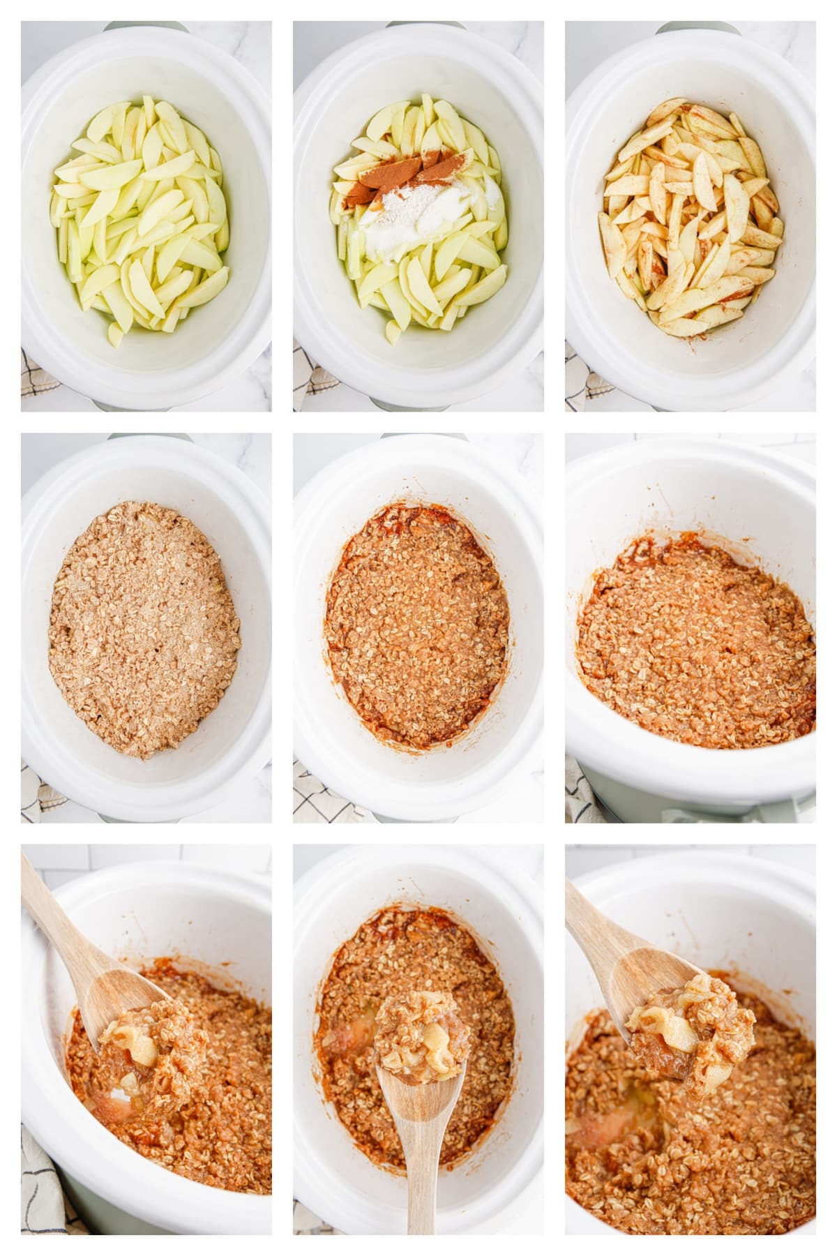 Step-by-step process of making crockpot apple crisp, from layering apples and cinnamon to adding the oat topping.