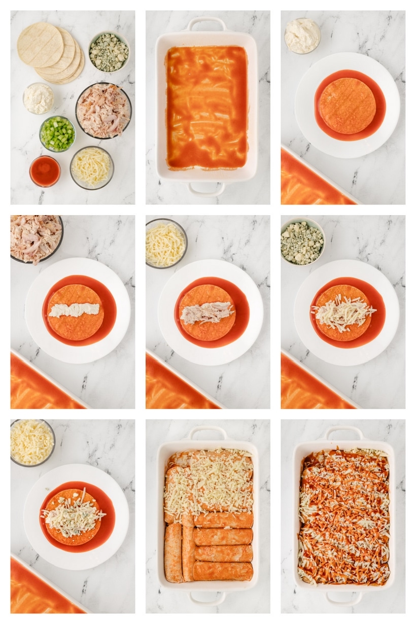 These buffalo chicken enchiladas are a triple cheesy blend of fiery flavors, packed with shredded chicken, a zesty buffalo sauce, and lots of tortillas, all baked to perfection. Each bite delivers a punch of flavor that's downright addictive. This enchilada dinner is perfect for game day at home or for tailgating. They also make a great weeknight dinner. how to make buffalo chicken enchiladas