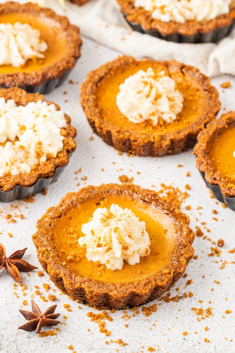 These Mini Pumpkin Pies feature a velvety pumpkin filling in a gingersnap crust, crowned with clouds of decadent whipped cream. mini pumpkin pie