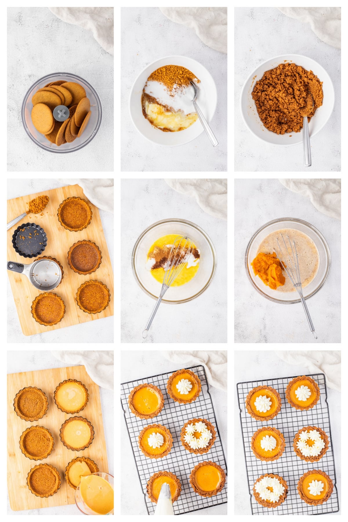 Step-by-step process for making pumpkin tarts with gingersnap crust, from mixing the filling to baking and topping with whipped cream.