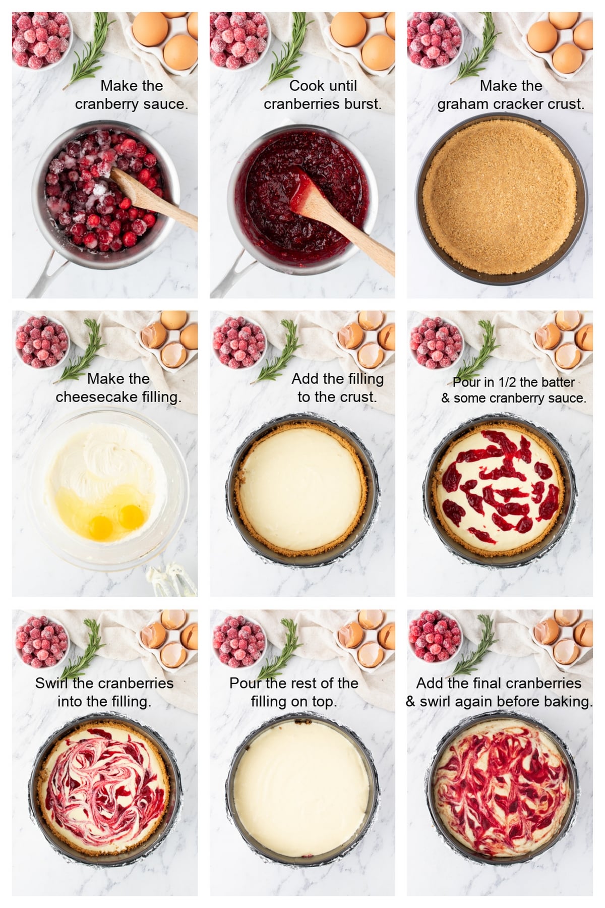 Step-by-step photos showing how to make cranberry cheesecake, including the crust, filling, cranberry swirl, and baking process.