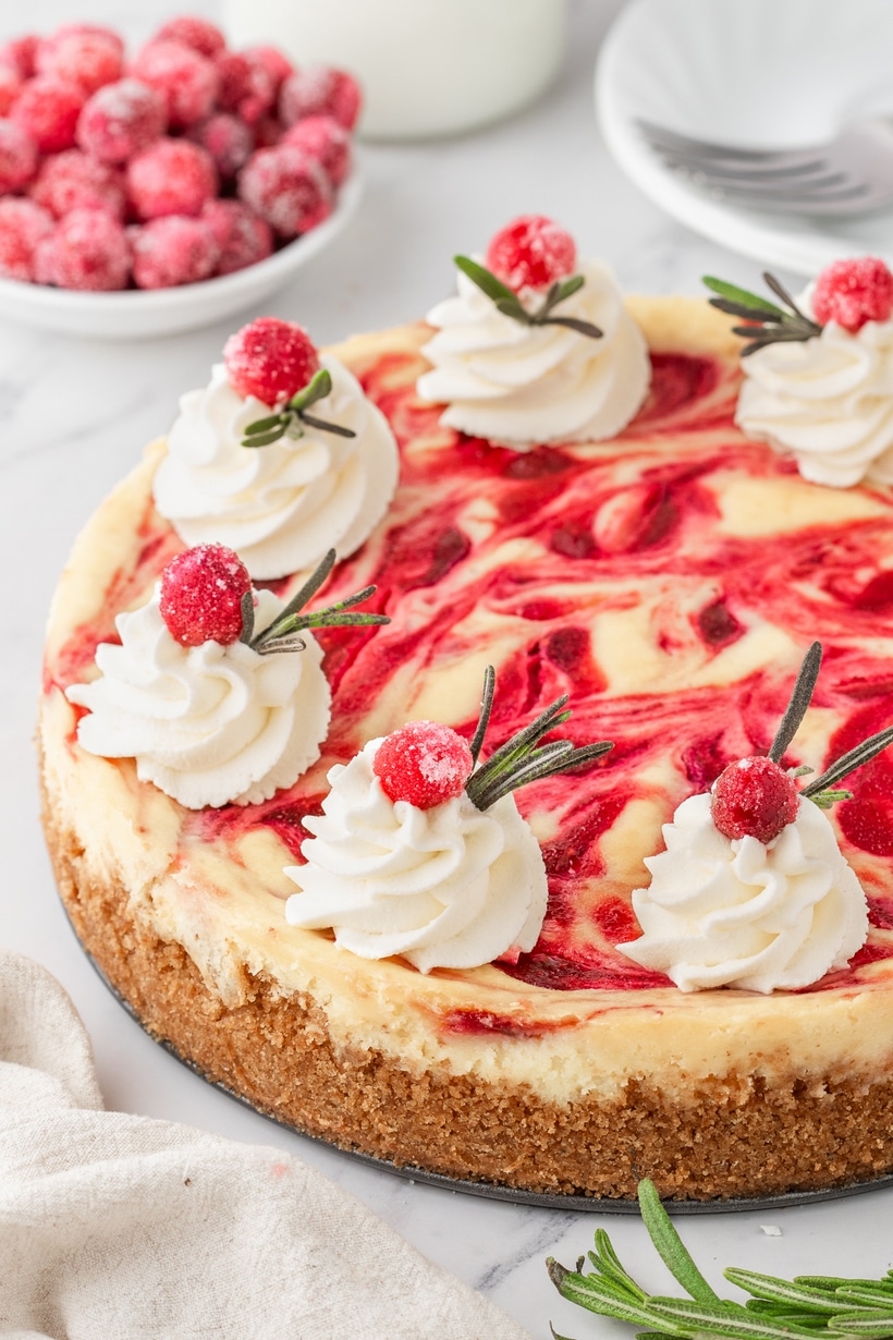 Full Cranberry Cheesecake Topped with Sugared Cranberries. Whole cranberry cheesecake topped with sugared cranberries and rosemary, displayed on a cake stand.
