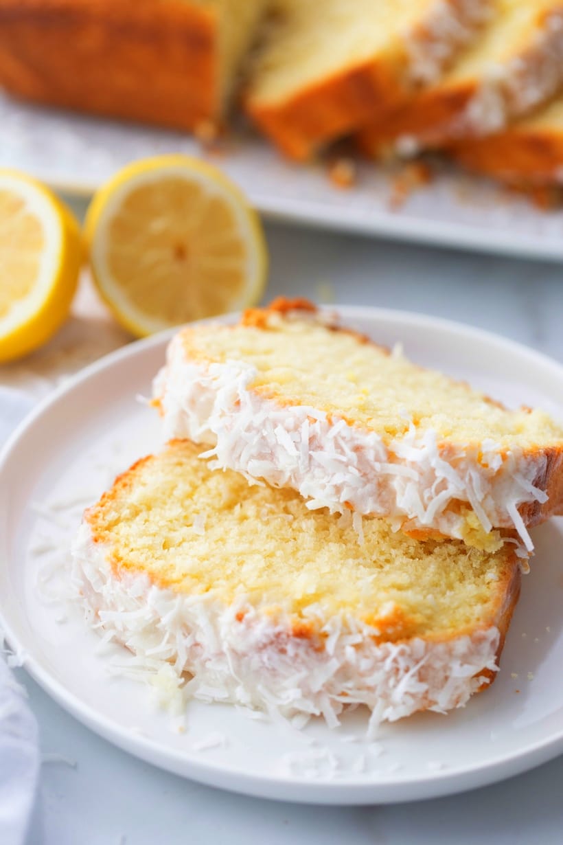 Sliced lemon loaf overhead Overhead view of sliced lemon loaf, showcasing the moist texture.