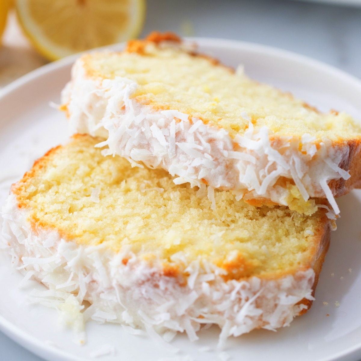 coconut lemon loaf with coconut lemon glaze