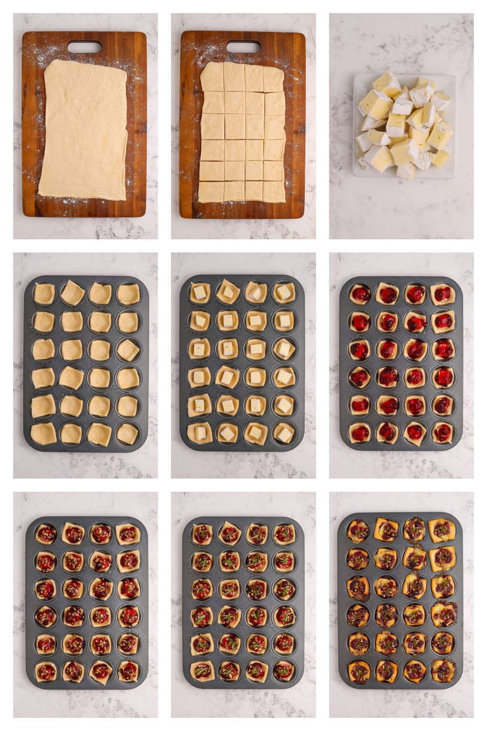 These cranberry Brie bites bring together gooey cheese, tart cranberry, and a hint of rosemary—all wrapped up in golden, buttery dough. Simple, festive, and always a hit. how to make it
