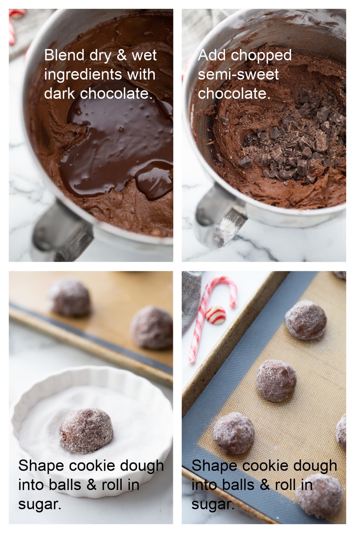 Step-by-step process for making peppermint crackle cookies Step-by-step images of making Dark Chocolate Peppermint Crackle Cookies, from mixing dough to shaping cookies.