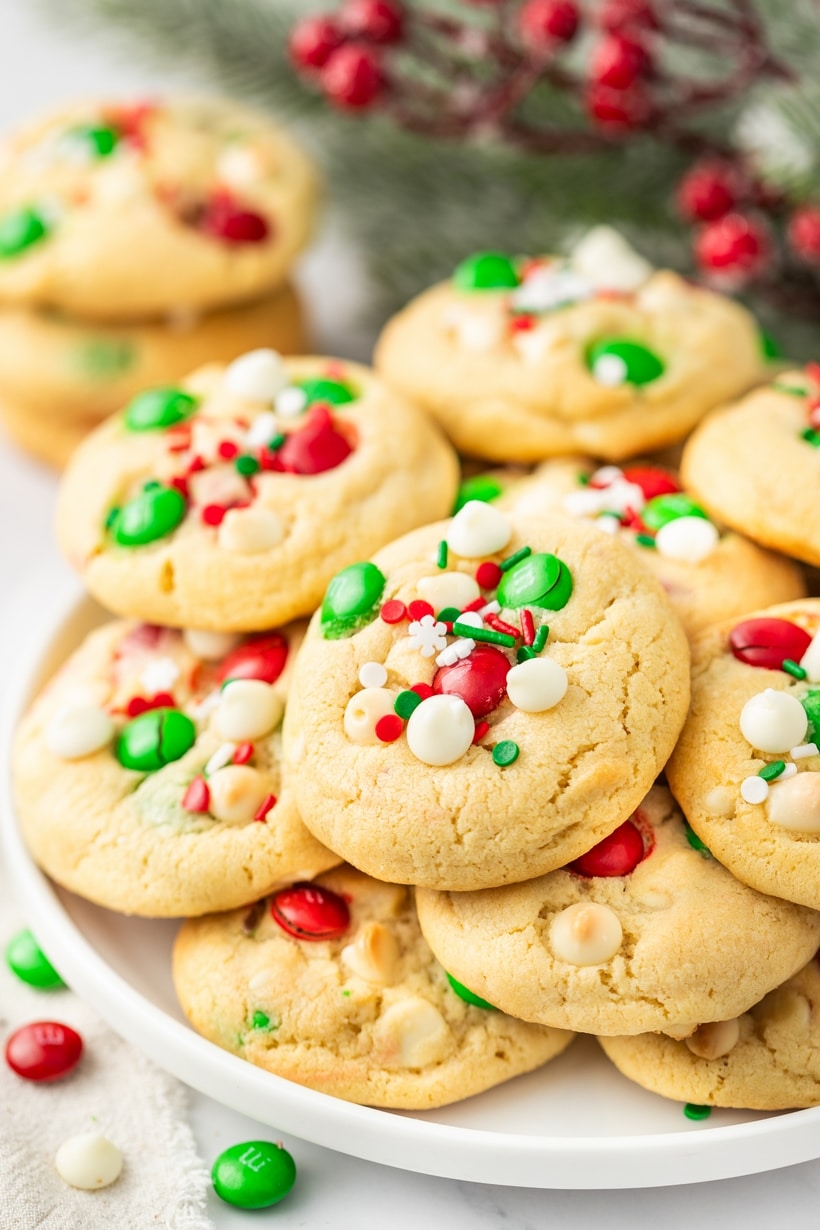 M&M Christmas Cookies recipe on a white plate