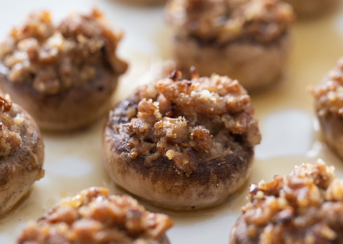 pork stuffed mushrooms on a platter