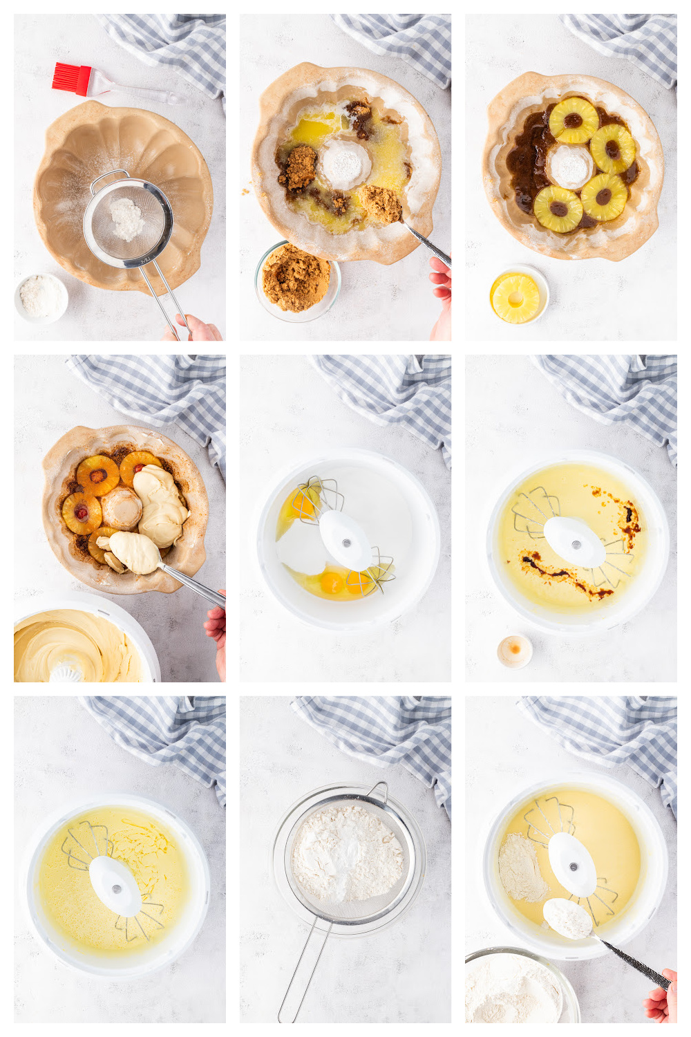 Step-by-step photos showing how to prepare pineapple upside down cake in a Bundt pan, from flouring the pan to layering pineapple and cherries.