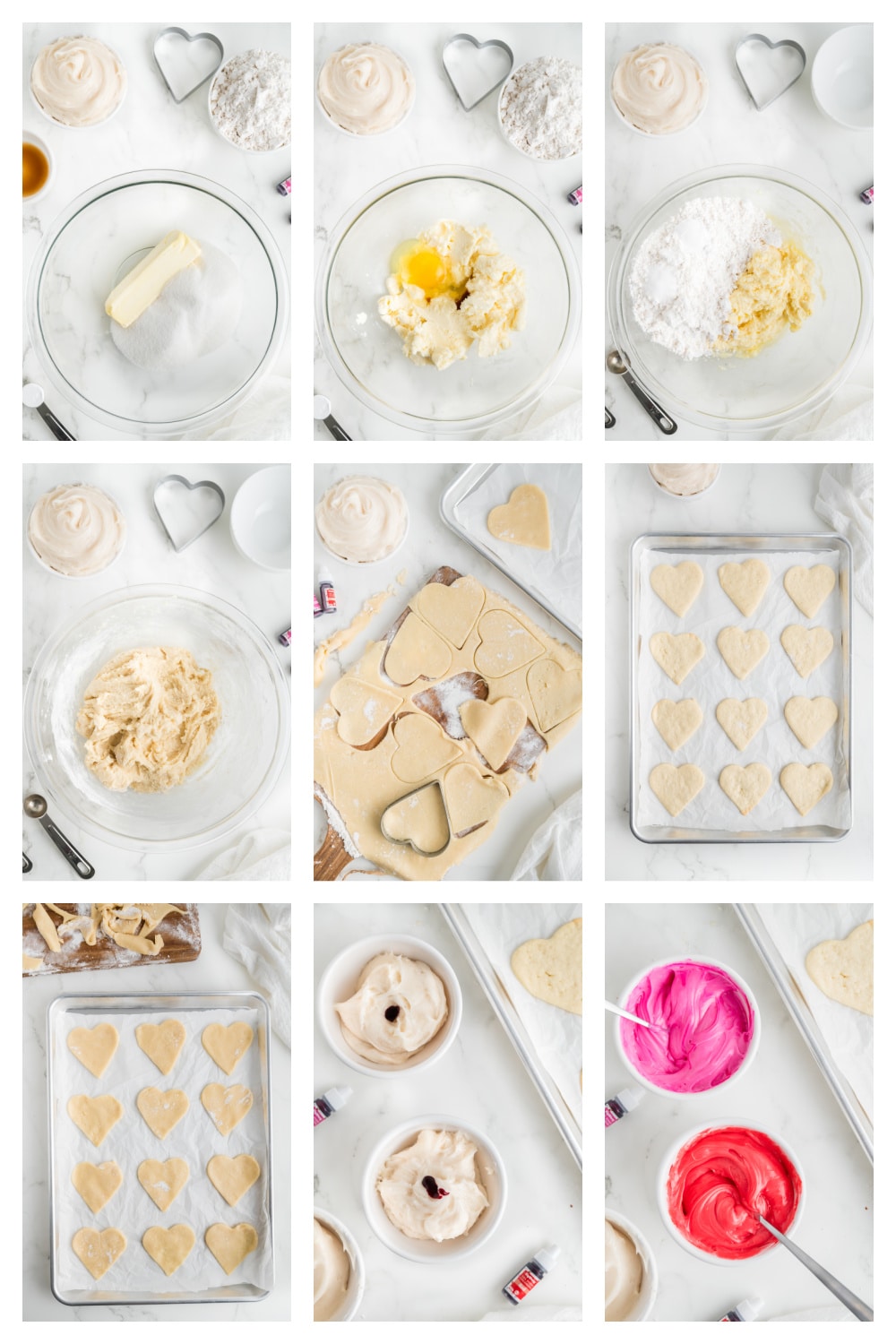 A step-by-step collage of making the cookies, from mixing the dough to cutting shapes and decorating.