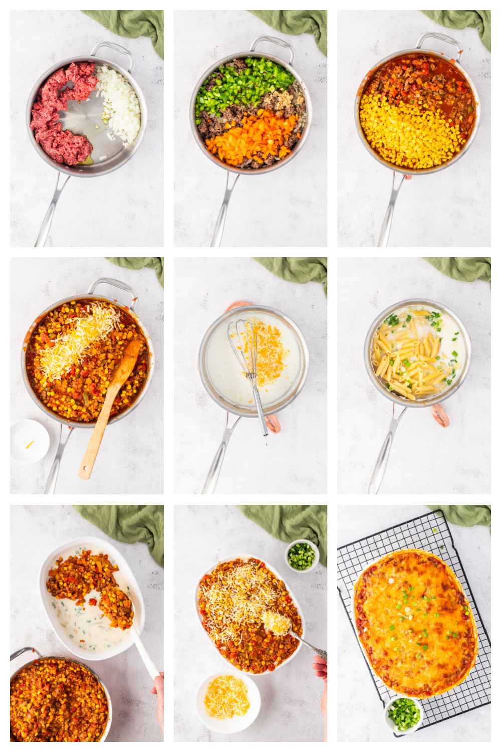 Cooking process for ground beef pasta casserole with peppers and corn Step-by-step collage of how to make cheesy ground beef casserole with pasta and corn