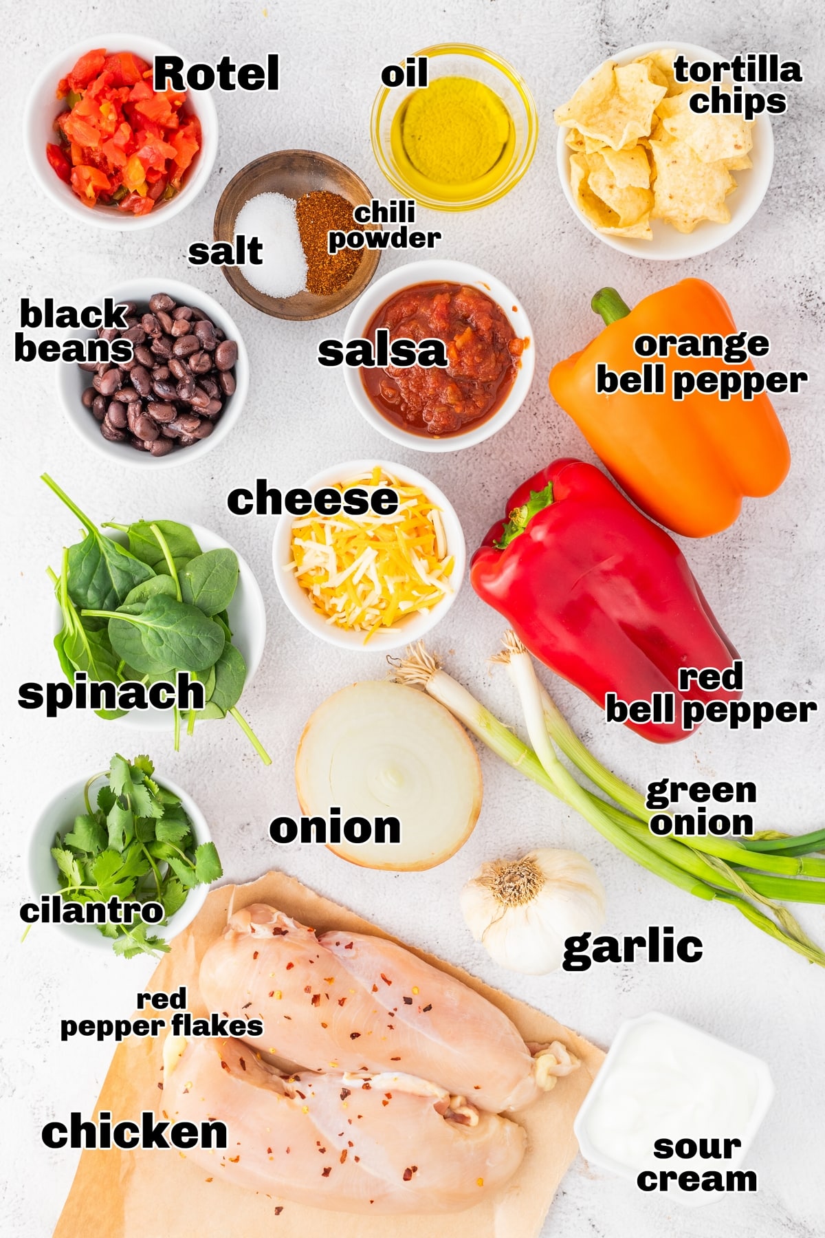 Chicken Fajita Casserole ingredients ingredients like chicken, salsa and cheese
