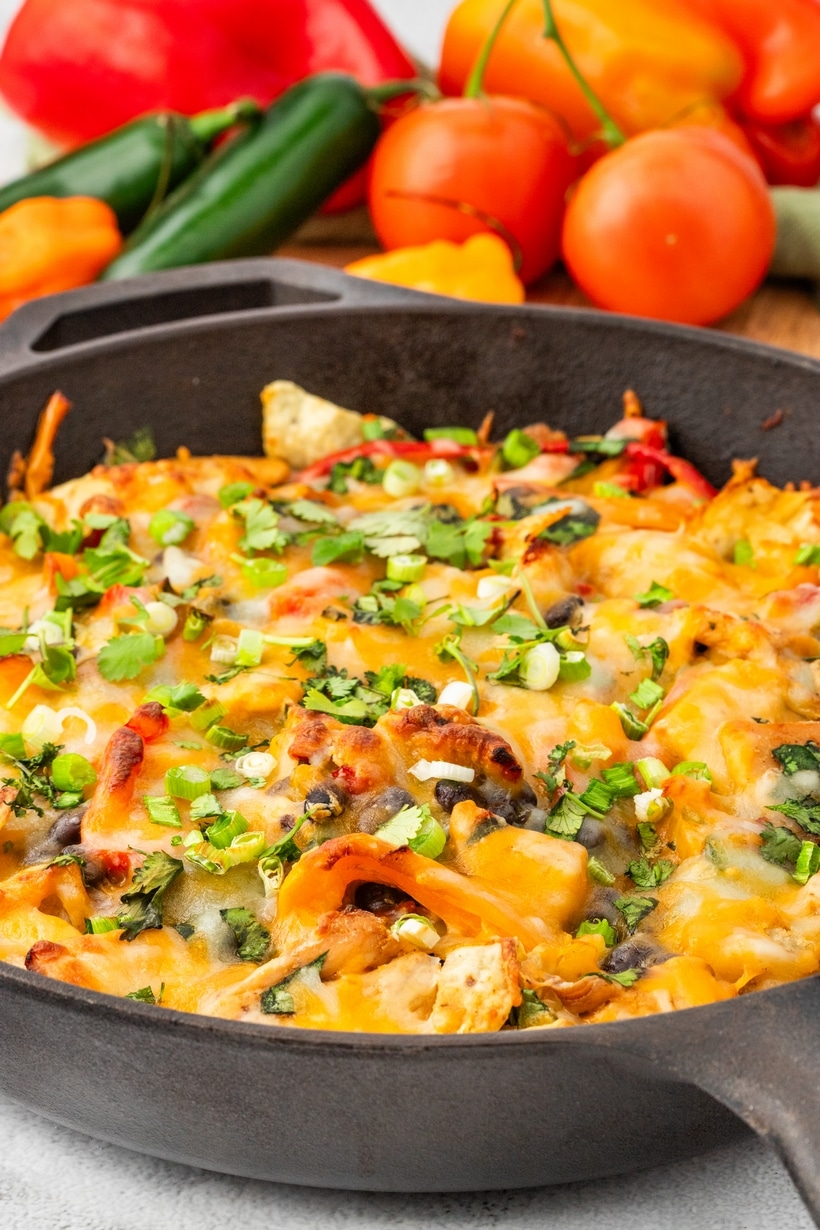 Chicken Fajita Casserole in a skillet chicken fajita casserole just out of the oven