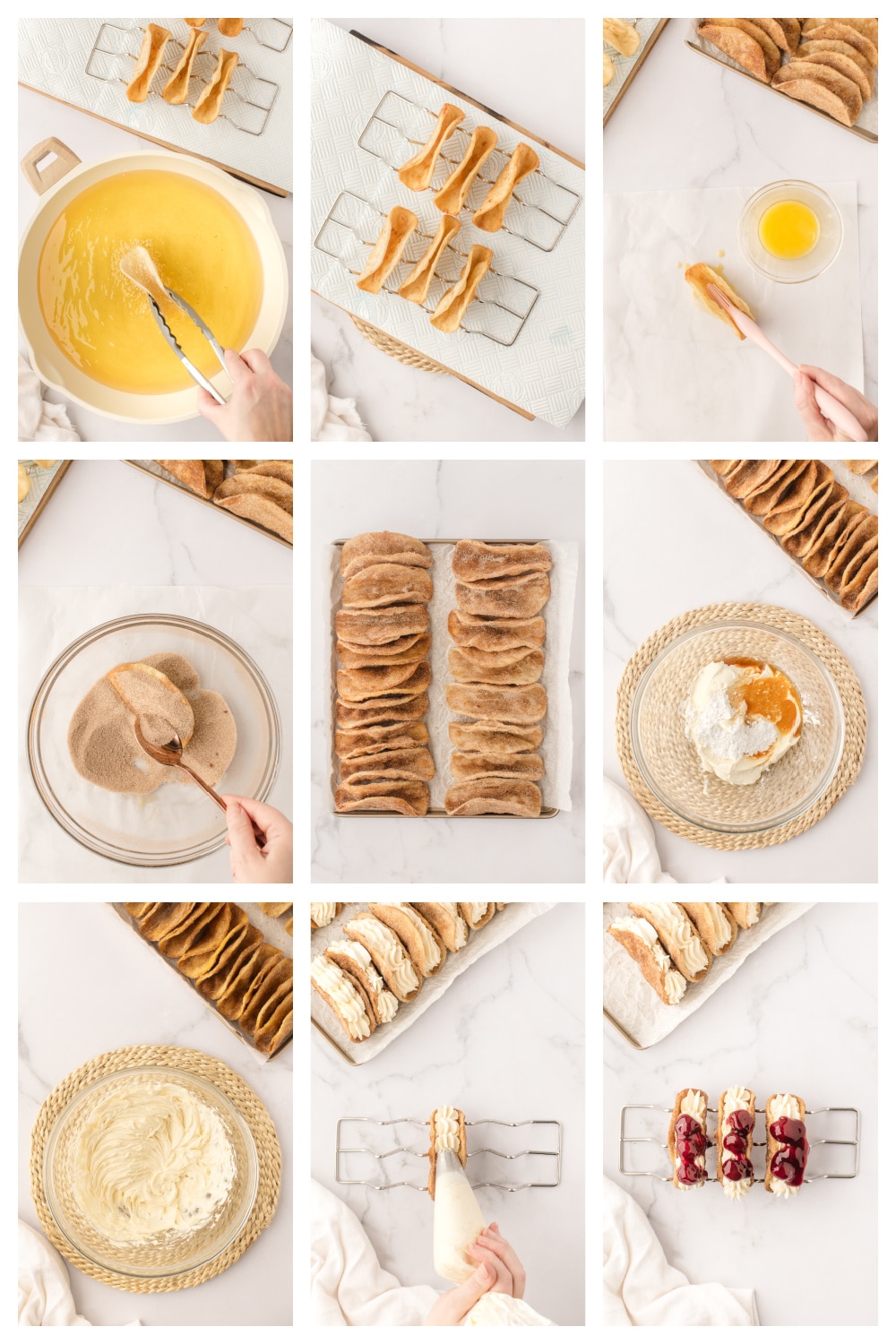 Step-by-Step Process of Making Cherry Cheesecake Tacos Step-by-step collage showing the process of making cherry cheesecake tacos, from frying the shells to filling and topping them.