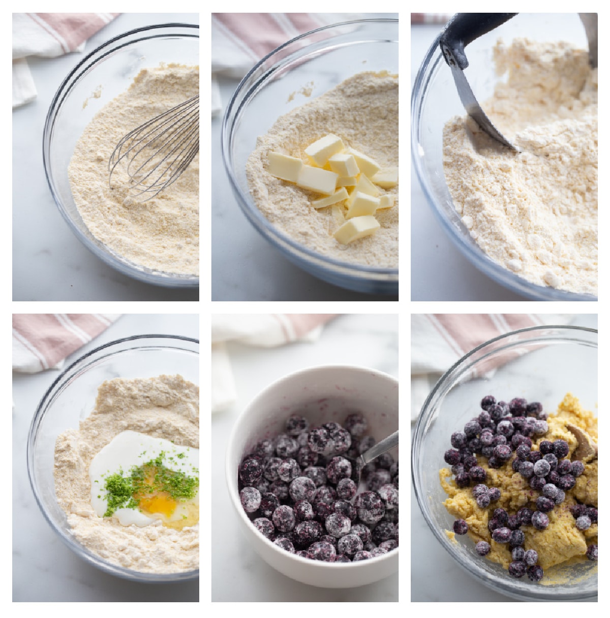 How to Make Cornmeal-Blueberry Drop Scones A step-by-step collage showing the process of making cornmeal-blueberry drop scones from mixing to baking.
