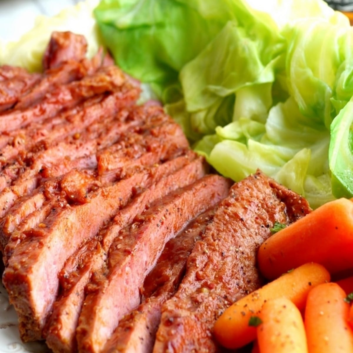 Juicy Whiskey-Glazed Corned Beef A serving of whiskey-glazed corned beef, cabbage, and carrots plated individually, showing a perfect balance of flavors.