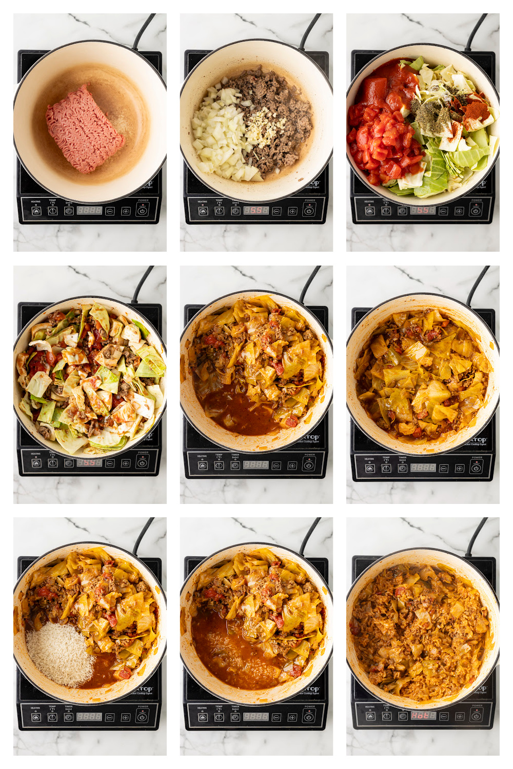 Nine-step process of making unstuffed cabbage rolls from browning beef to simmering cabbage, tomatoes, and rice in one pot.