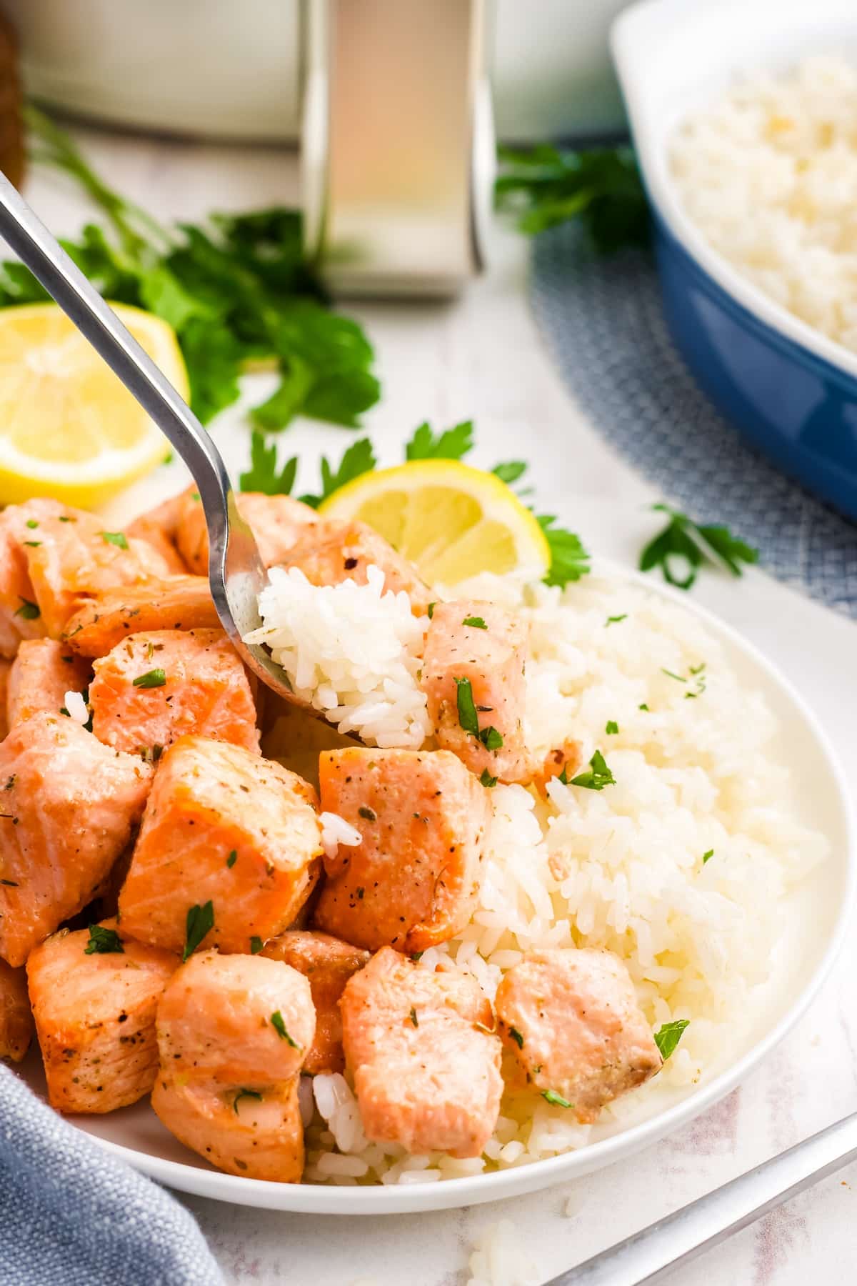 Air Fryer Salmon Bites are ready for a healthy dinner. air fried salmon bites with a spoonful of rice