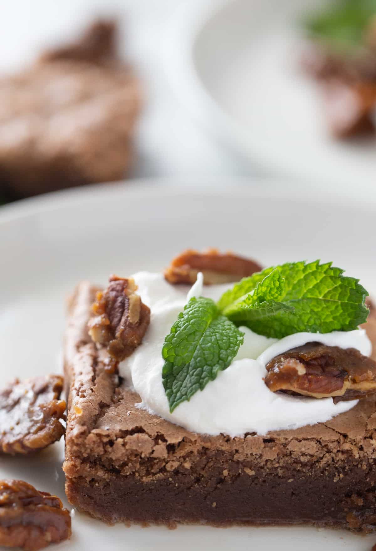 Closeup of chewy Mint Julep Brownie with toppings Closeup of a finished Mint Julep Brownie with visible pecans and whipped cream