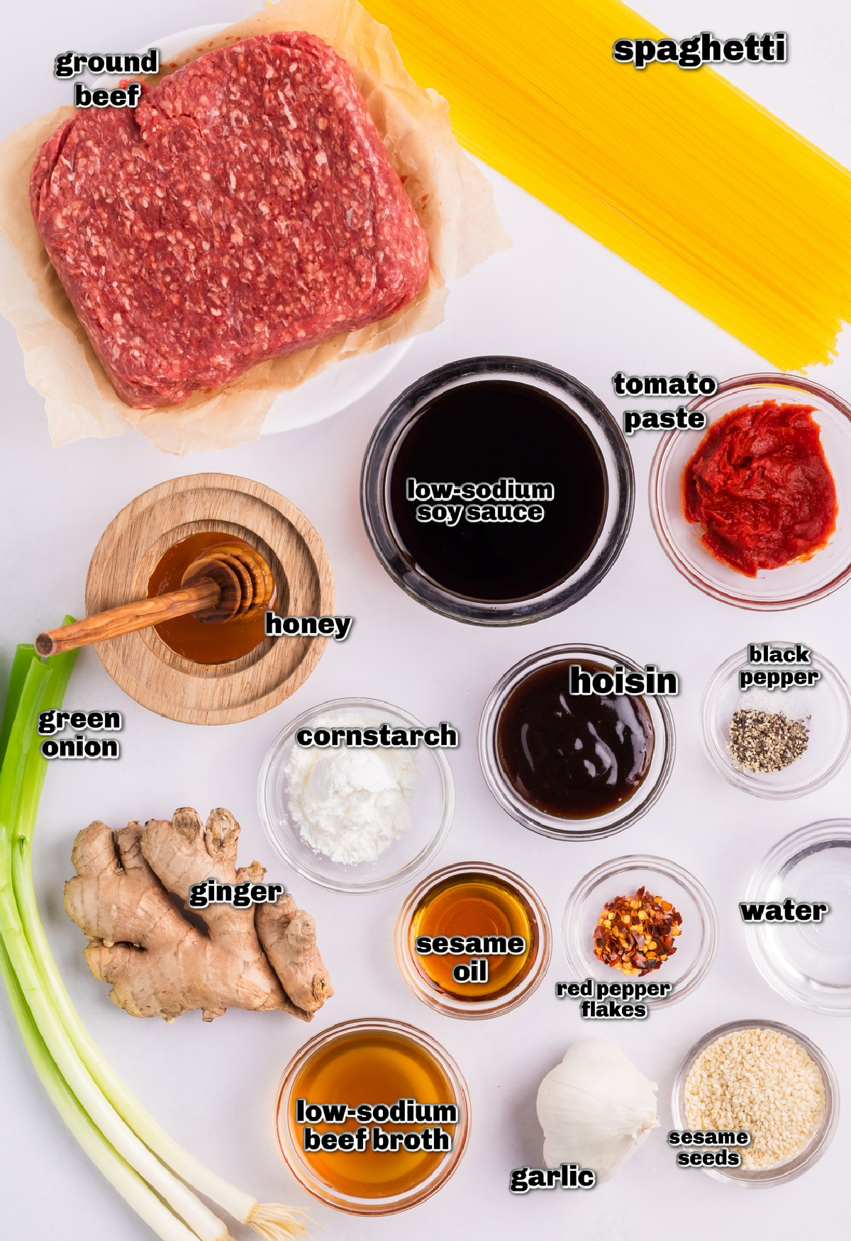Ingredients for Mongolian beef noodle recipe Ingredients for Mongolian beef noodle recipe laid out on a white surface, including ground beef, soy sauce, hoisin, garlic, and ginger.