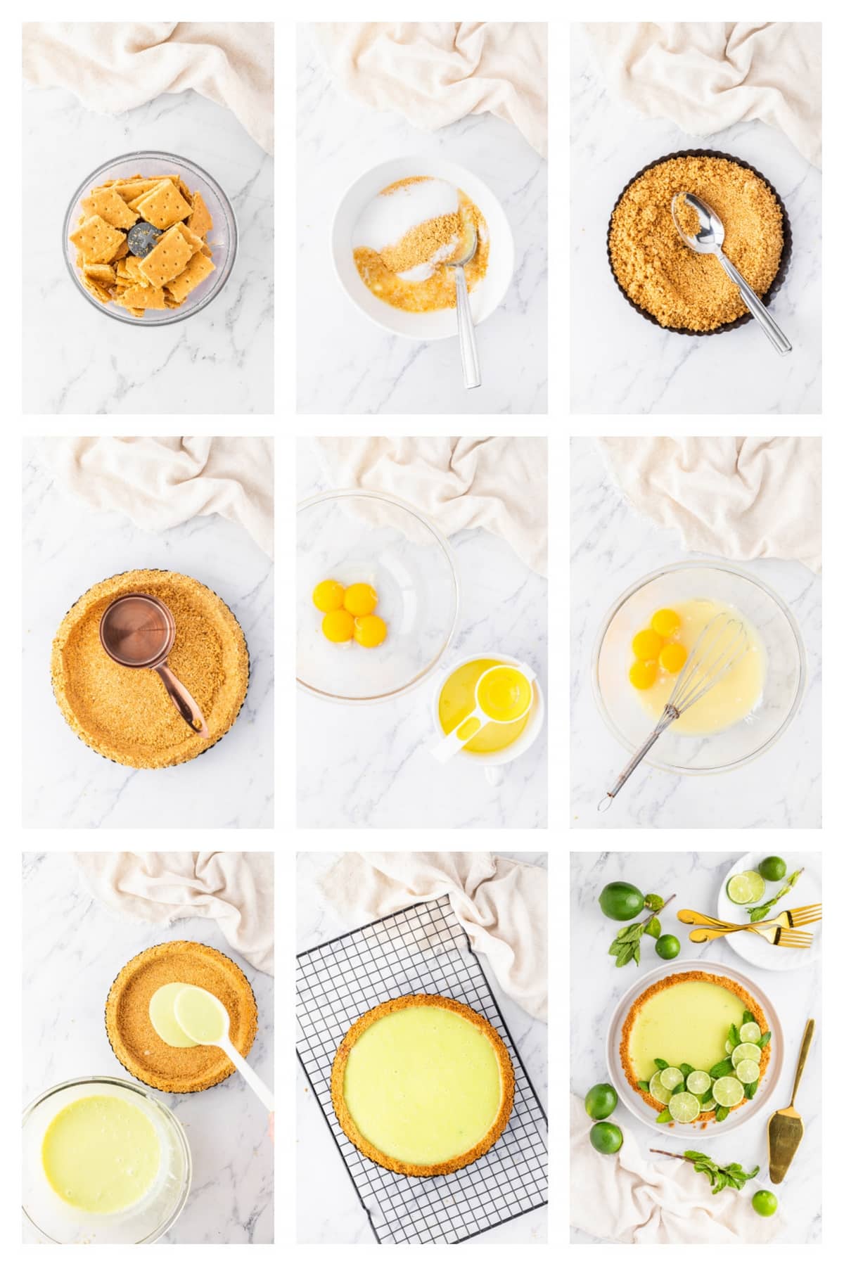 Step-by-step process of making a Key lime tart from crust to filling