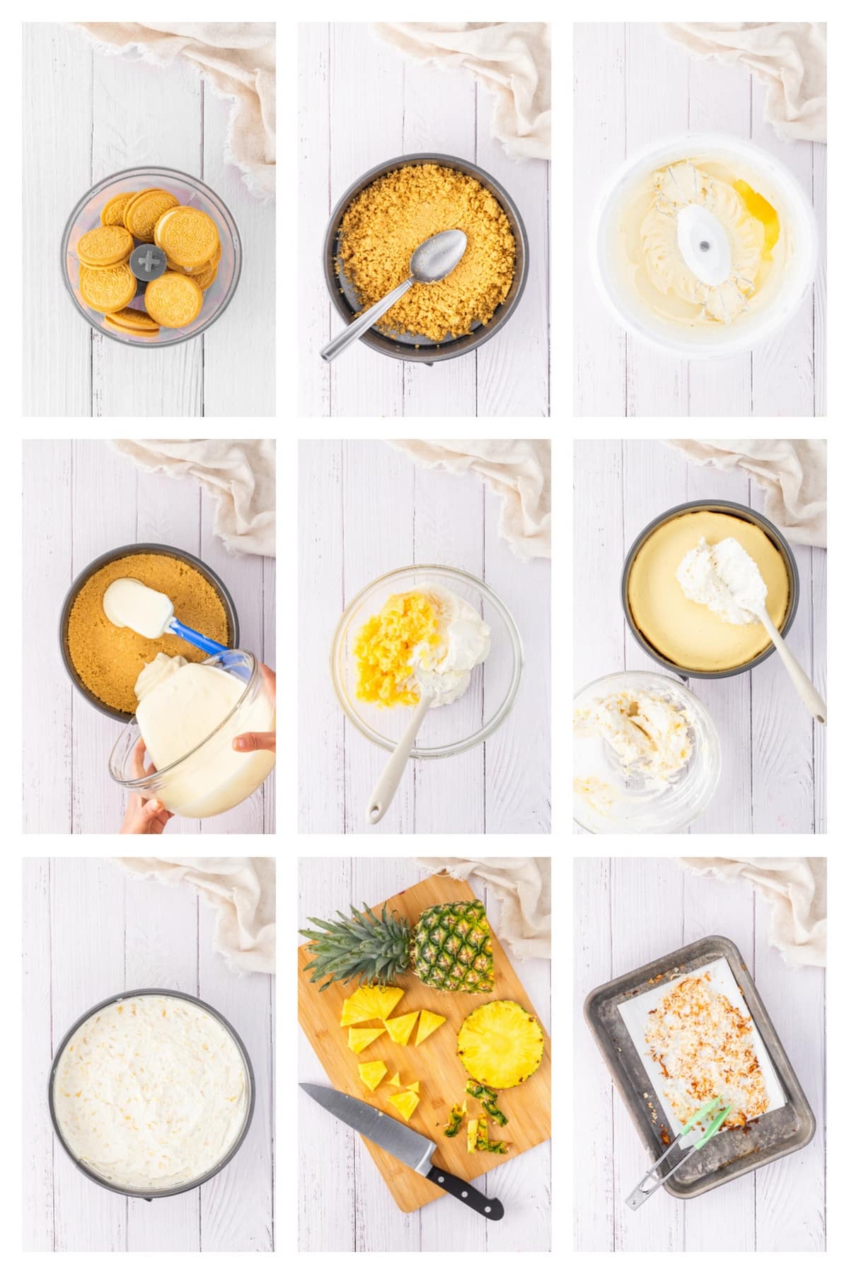You'll love the tropical flavors of this pineapple delight cheesecake, featuring a golden Oreo crust, rich cream cheese layer, and fluffy pineapple mousse, topped with fresh pineapple and coconut. It's perfect for any gathering, from barbecues to potlucks. how to make it