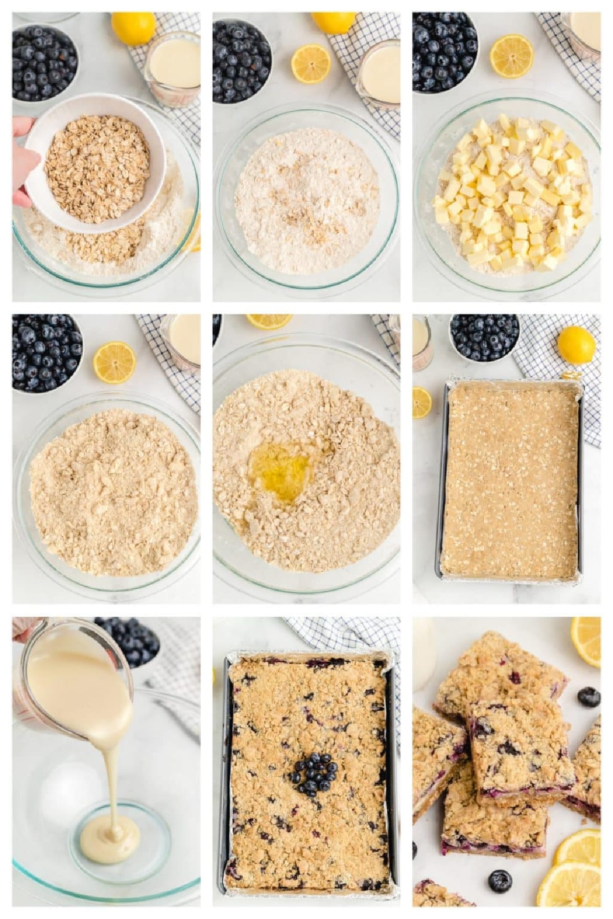 Process steps from crust to baked bars Step-by-step photo collage showing how to make lemon blueberry crumble bars