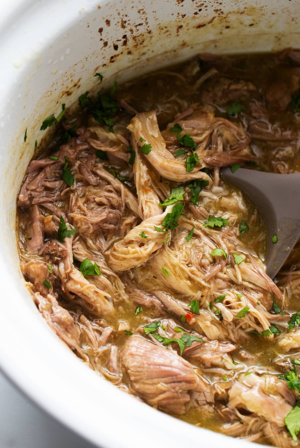 Shredded pork in slow cooker covered in green enchilada sauce and topped with cilantro