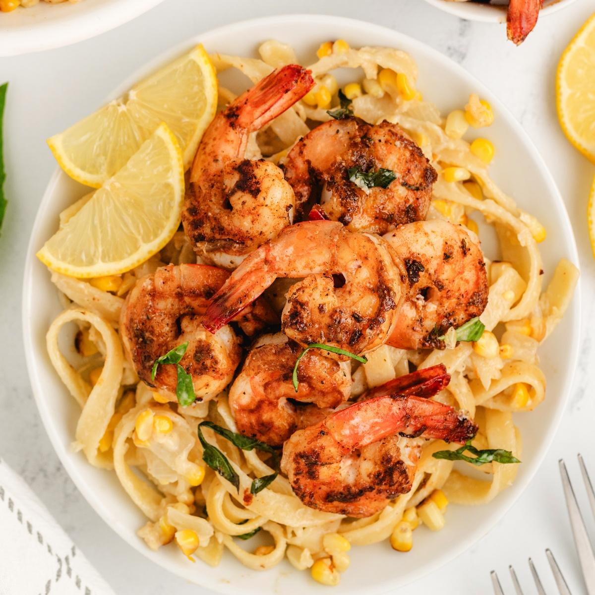 Blackened Shrimp Pasta with Creamy Corn and Fettuccine