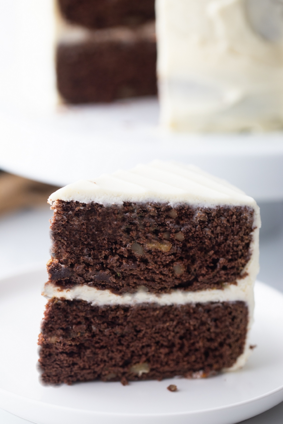 Straight-on view of chocolate zucchini cake slice showing moist texture, frosting layers, and bits of walnut.