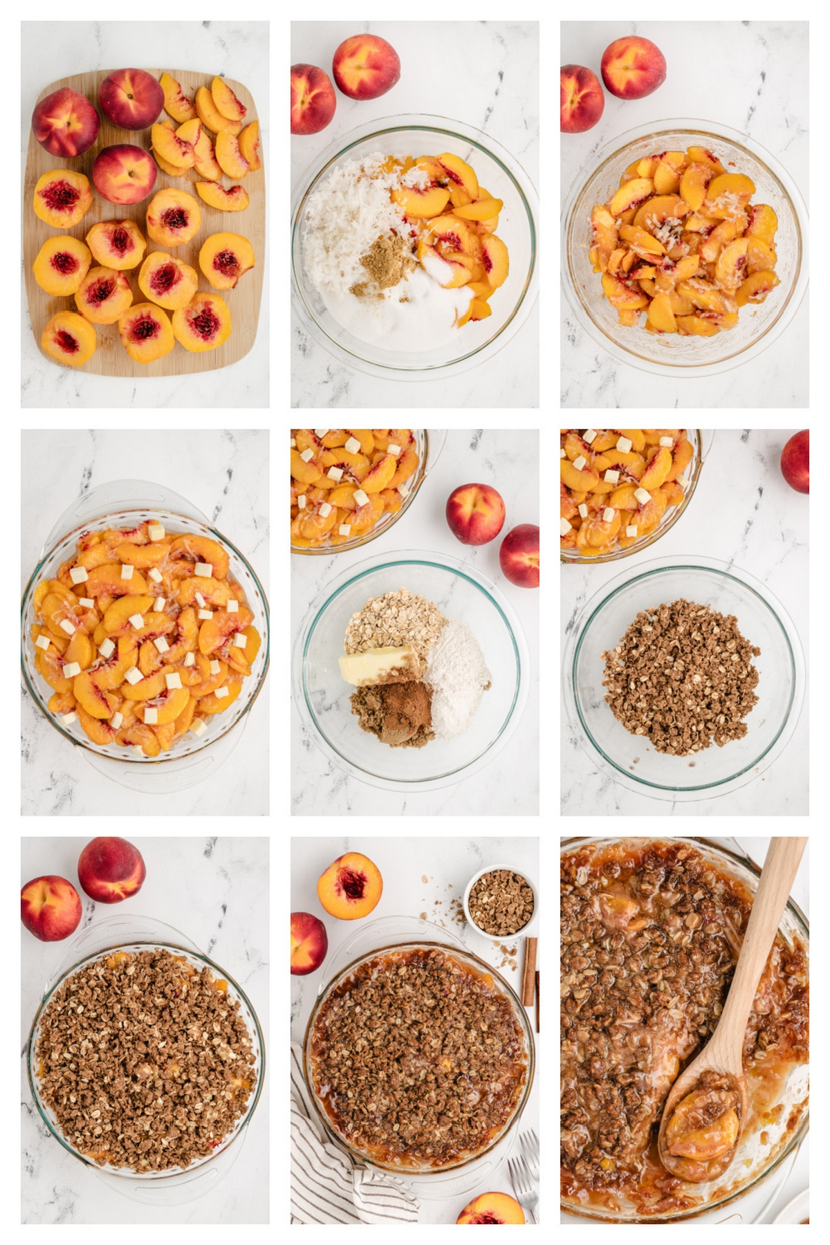 How to make peach crisp with coconut. Step-by-step collage showing how to prepare peach crisp with coconut and oats.