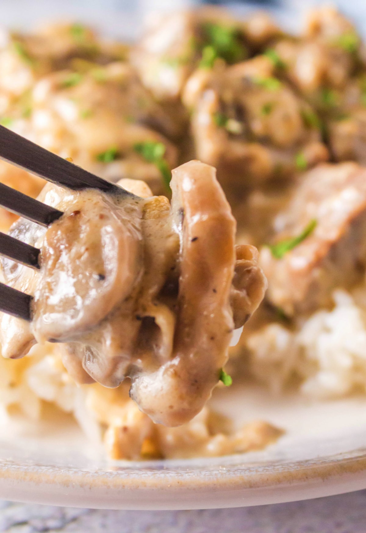 a bite of creamy beef stroganoff