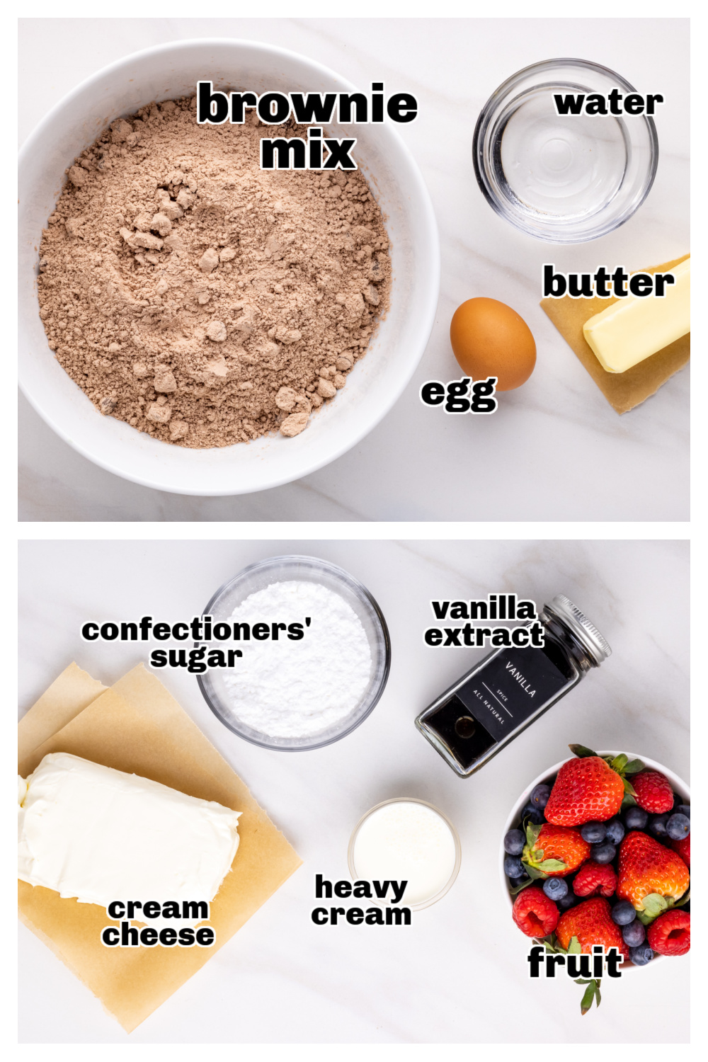 brownie fruit pizza ingredients laid out for baking Ingredients for making brownie fruit pizza including mix, egg, butter, fruit, and cream cheese