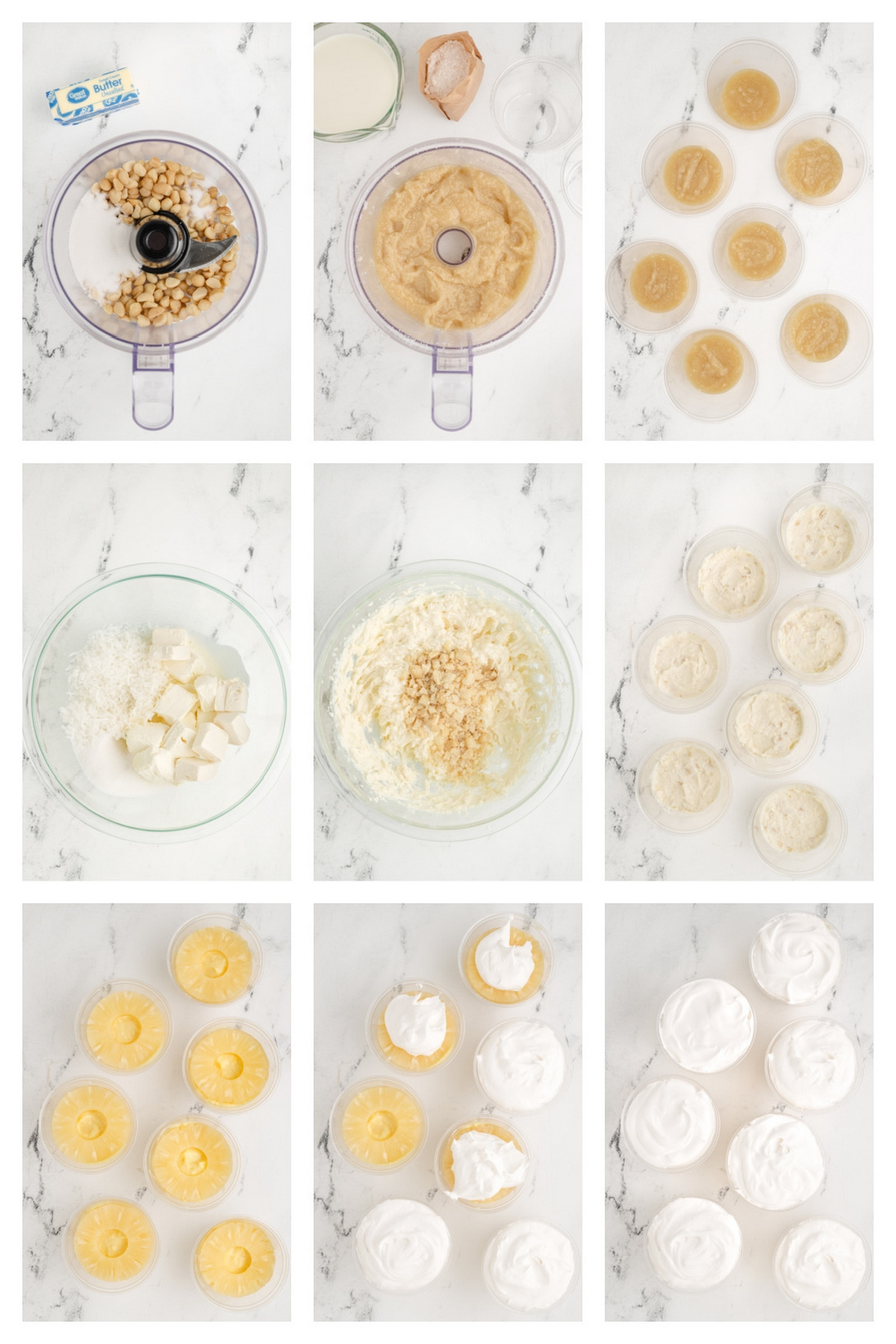 Step-by-step photos for Hawaiian Dream Dessert Cups Step-by-step process for making Hawaiian Dream Dessert Cups showing the macadamia crust, coconut cream layer, pineapple rings, and whipped topping assembly.